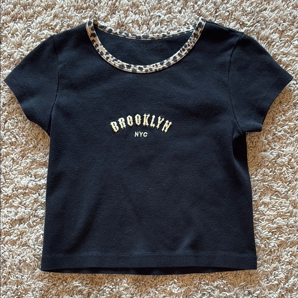 Brandy Melville Black Crop Top with Leopard Trim